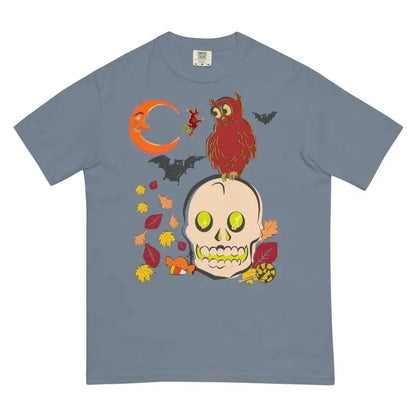 Grey heavyweight harmony t-shirt with Halloween skull owl design and autumn elements