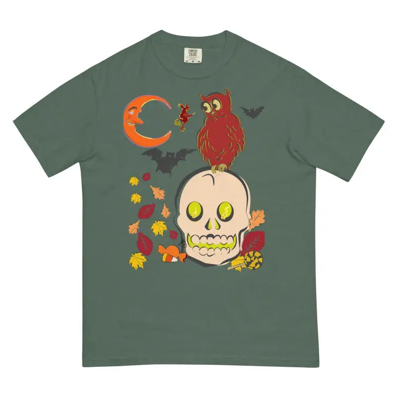 Green Halloween-themed t-shirt featuring skull owl design in Unisex Heavyweight Harmony