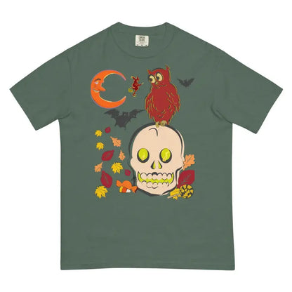 Green heavyweight harmony t-shirt with Halloween skull owl design and autumn leaves