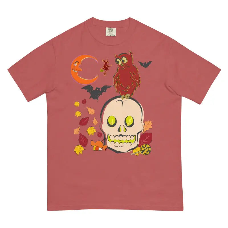 Mauve Halloween t-shirt featuring skull, owl, bats, and leaves from Unisex Heavyweight Harmony