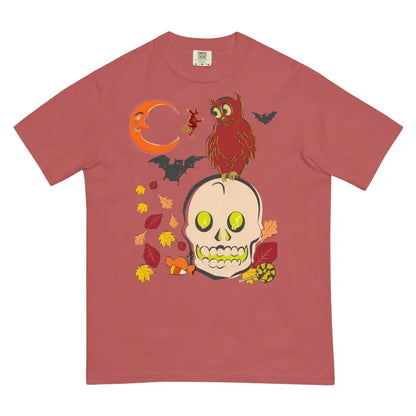 Mauve heavyweight harmony t-shirt featuring a skull owl design with bats and autumn leaves