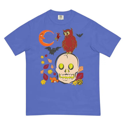 Blue t-shirt featuring Halloween skull owl design, perfect for unisex heavyweight harmony