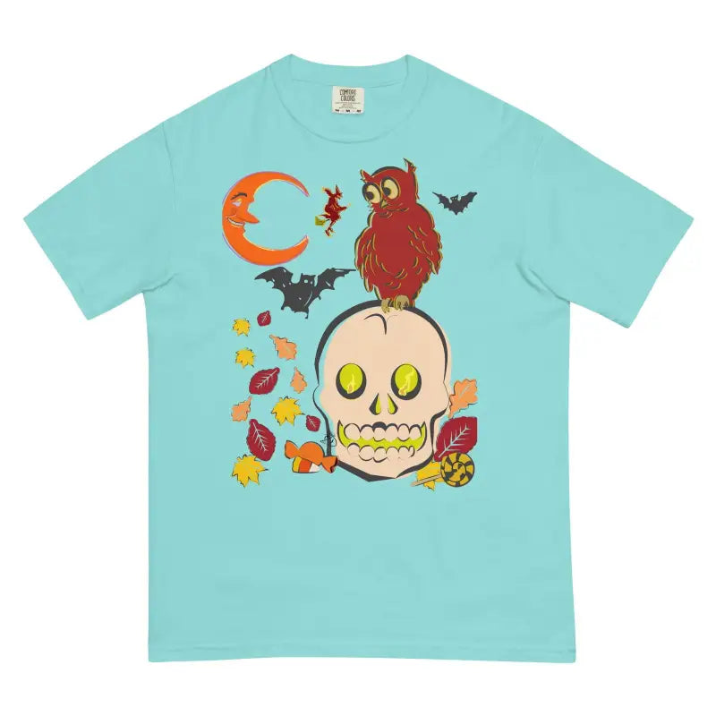 Mint green heavyweight harmony t-shirt featuring Halloween skull owl, bats, and autumn leaves