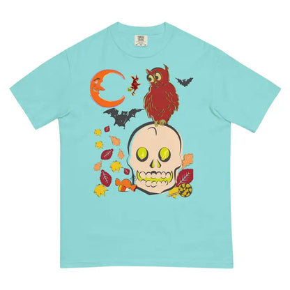 Mint green Heavyweight Harmony t-shirt featuring Halloween skull owl, bats, and autumn leaves