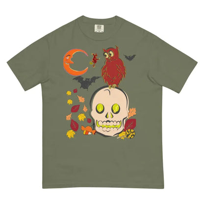 Olive green heavyweight harmony t-shirt featuring a skull owl design with bats and leaves