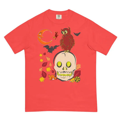 Red t-shirt with Halloween skull owl design in Unisex Heavyweight Harmony style