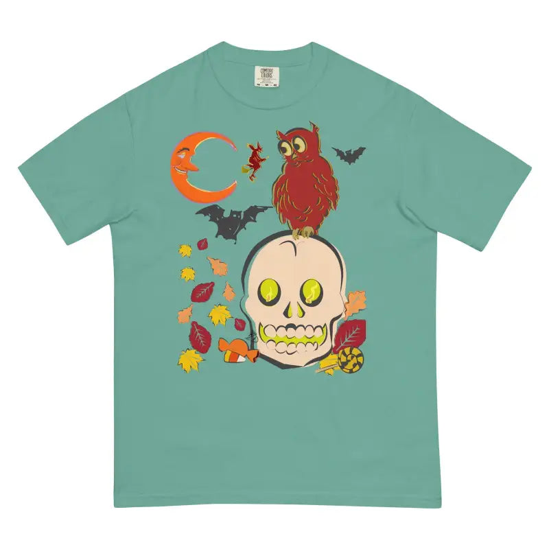 Teal heavyweight harmony t-shirt with Halloween skull owl design and autumn motifs