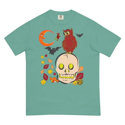 Teal heavyweight harmony t-shirt featuring skull owl artwork with bats and autumn leaves