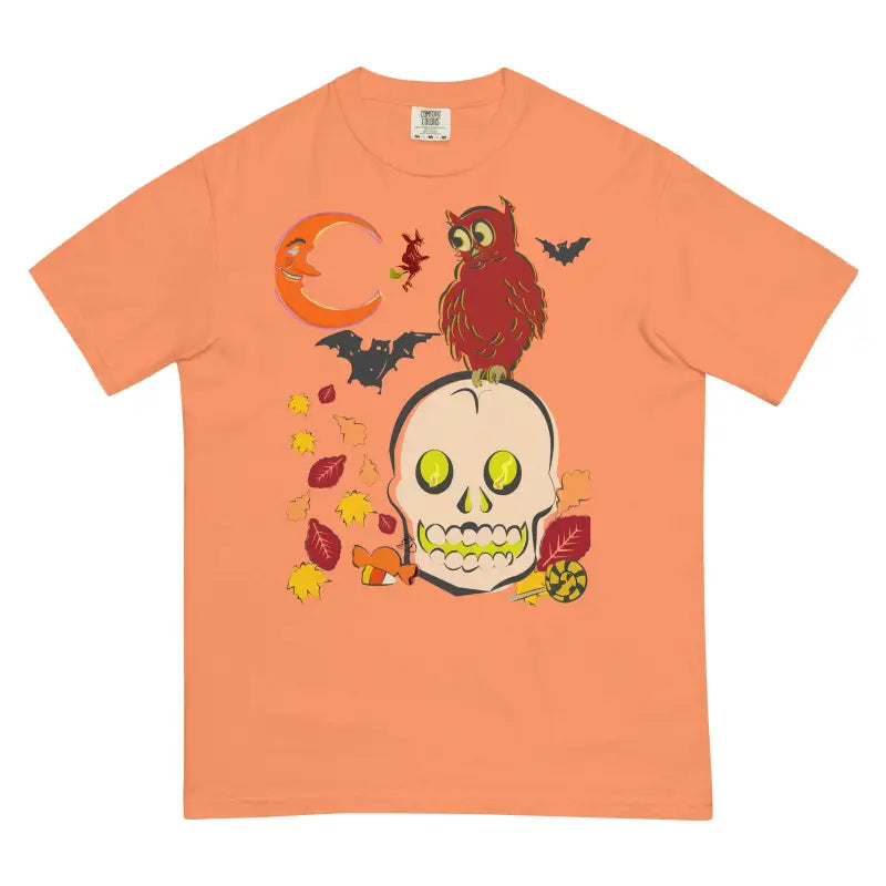 Peach t-shirt with Halloween skull owl design in a unisex heavyweight harmony style