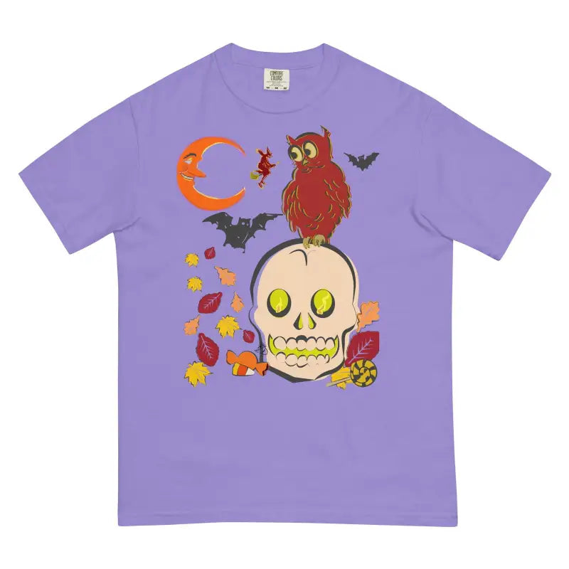 Purple Heavyweight Harmony T-shirt featuring a skull owl design with bats and autumn leaves