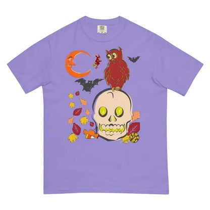 Purple Halloween-themed Unisex Heavyweight Harmony T-shirt featuring skull, owl, bats, leaves