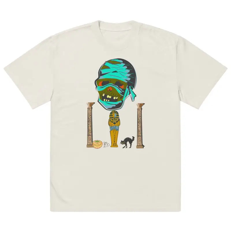 Cream-colored unisex oversized faded t-shirt with Egyptian mummy head and black cat illustration