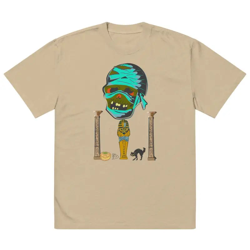 Tan unisex oversized faded t-shirt featuring an Egyptian cartoon character and columns