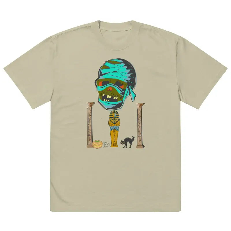 Beige unisex oversized faded t-shirt with Egyptian graphic of mummy and black cat