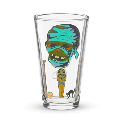 Clear shaker pint glass with Halloween mummy and Egyptian motifs for festive enjoyment