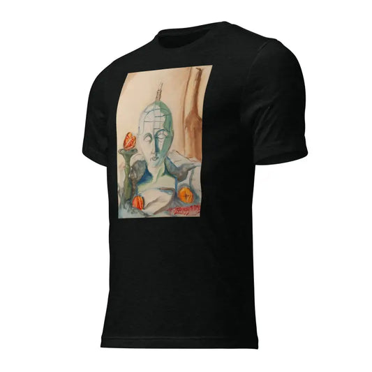 Black phrenology fitted tee featuring artistic portrait print with butterflies and surreal figure