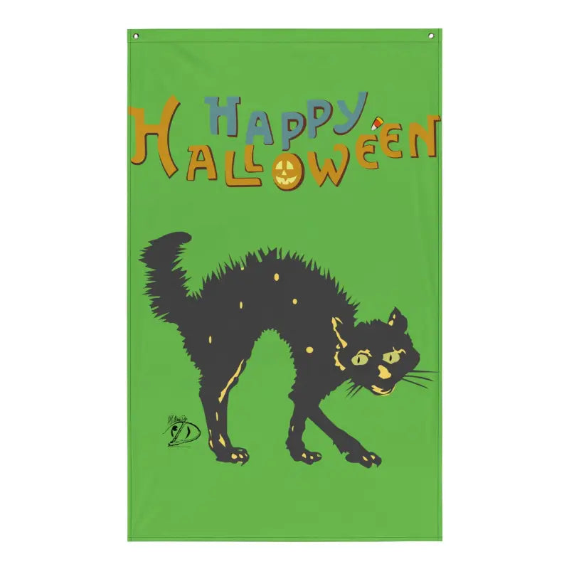 Spooky black cat with arched back and yellow eyes on Scary Cat Halloween Flag