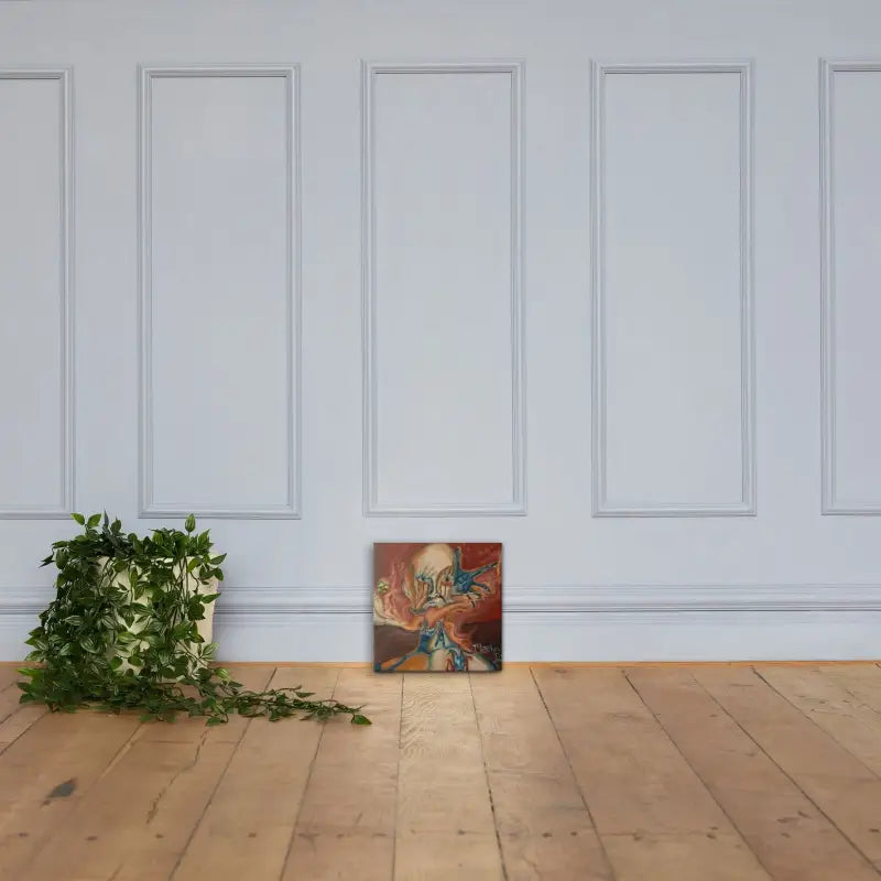 A potted climbing plant enhances the Whispers of the Haunted Canvas Print’s serene atmosphere