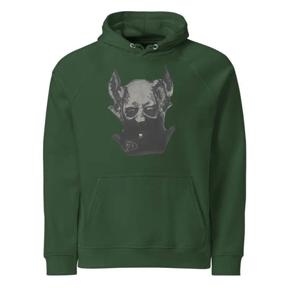 Green unisex eco raglan hoodie featuring a dog’s face graphic on the front