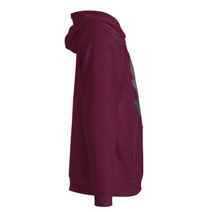 Burgundy unisex eco raglan hoodie displayed in side view, showcasing sustainable fashion