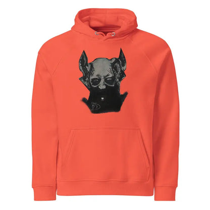 Orange unisex eco raglan hoodie with black dog head graphic on the front