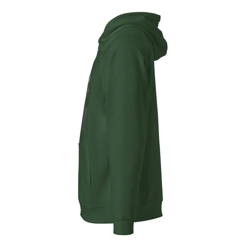 Dark green hooded sweatshirt side view of Unisex Eco Raglan Hoodie by Whispers of the Unseen