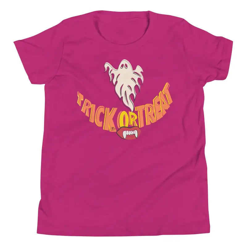 Hot pink unisex t-shirt with ghost and Trick or Treat design by Matthew Dye Art for Halloween delight