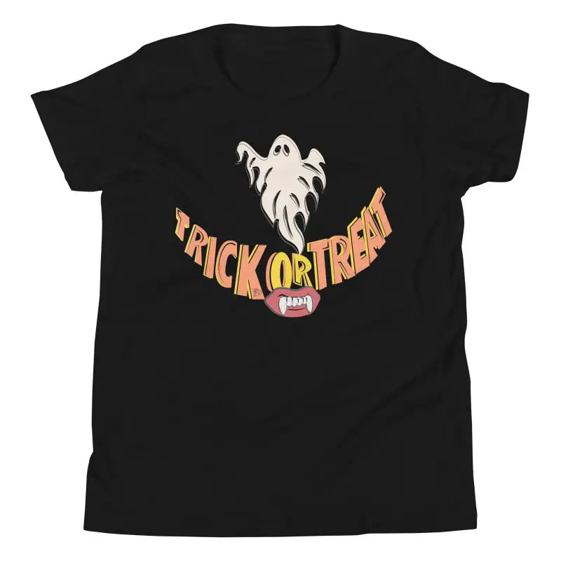 Black t-shirt featuring ghost design and Trick or Treat text for Treat Smiles collection