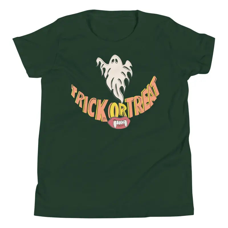 Dark green unisex t-shirt featuring ghost and Trick or Treat design for Halloween treat smiles