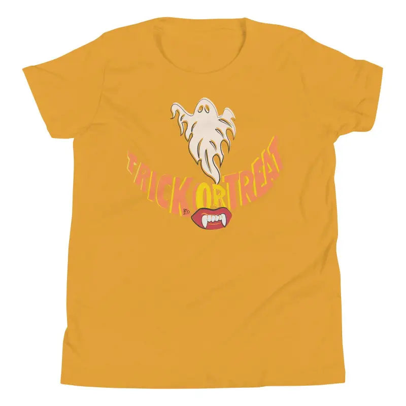 Yellow t-shirt with ghost and vampire fangs graphic for Halloween delight treat smiles unisex