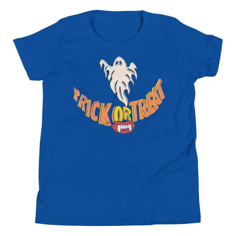 Royal blue t-shirt with ghost and Trick or Treat design for Treat Smiles Halloween fun