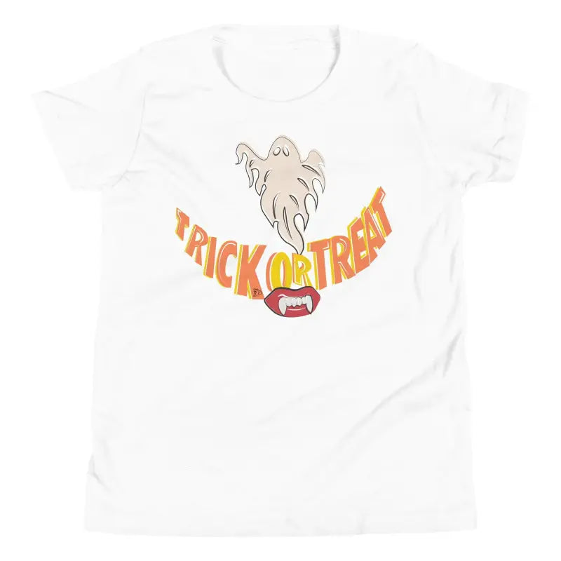 White t-shirt featuring ghost and Trick or Treat design for Treat Smiles Halloween fun