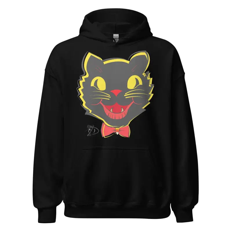 Black hoodie sweatshirt featuring a cartoon black cat face for the Vintage Cat Unisex collection