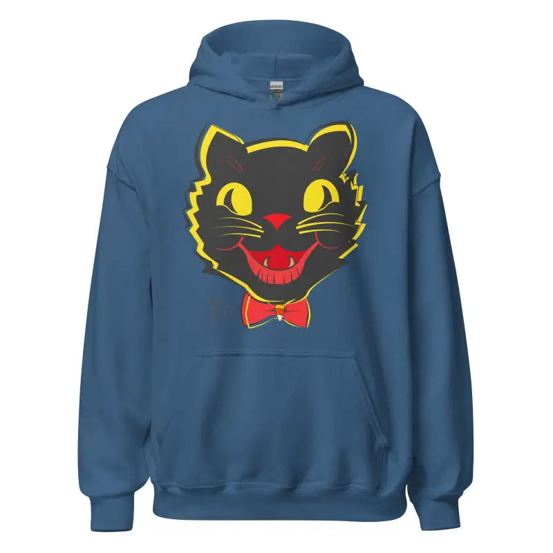 Blue Vintage Cat Unisex Hoodie with black cat face design and red bowtie