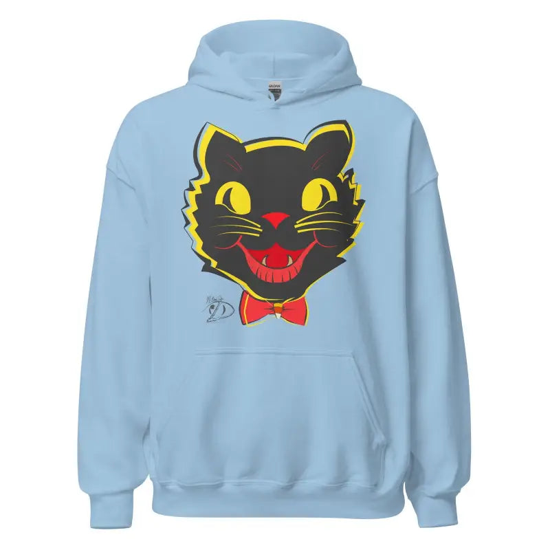 Light blue Vintage Cat Unisex Hoodie with black cat face, yellow eyes, and red bow tie