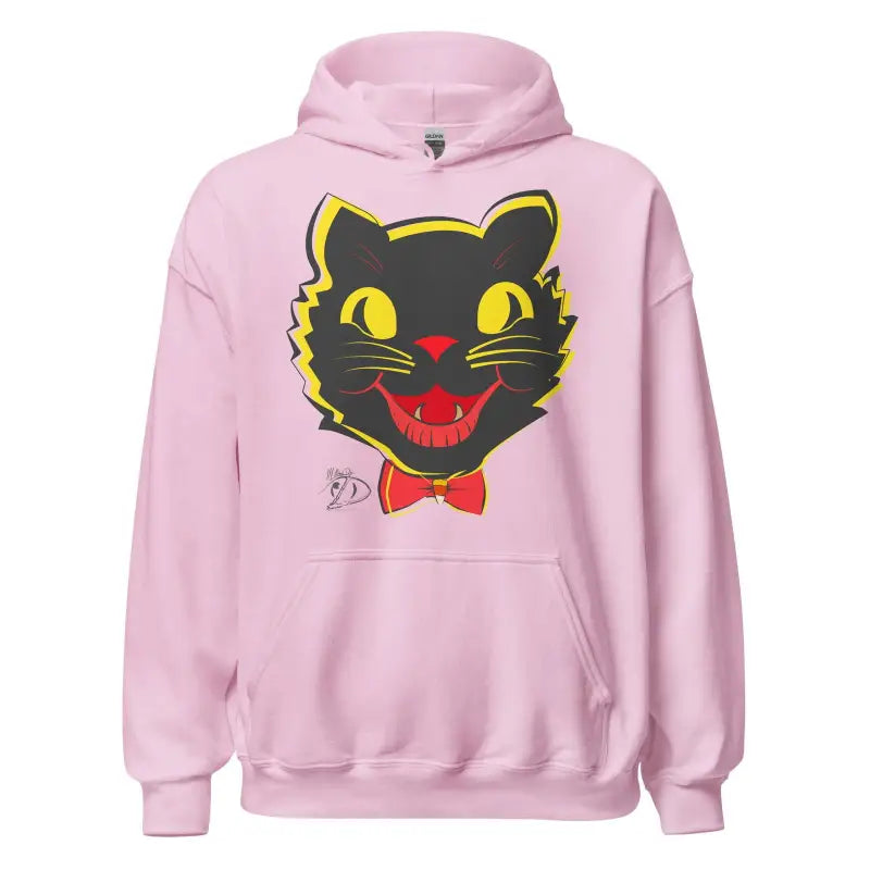 Pink vintage cat unisex hoodie displaying a black cat face with yellow eyes and red bow tie