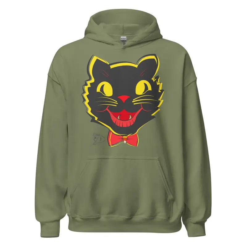 Olive green vintage cat unisex hoodie with black cat face, yellow eyes, and red bowtie