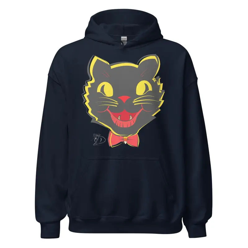 Navy blue vintage cat unisex hoodie with black cat face and yellow eyes graphic