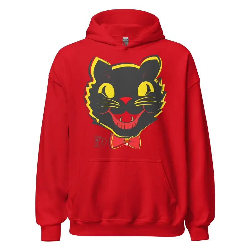 Red hoodie with black cat face design and yellow eyes in Vintage Cat Unisex style