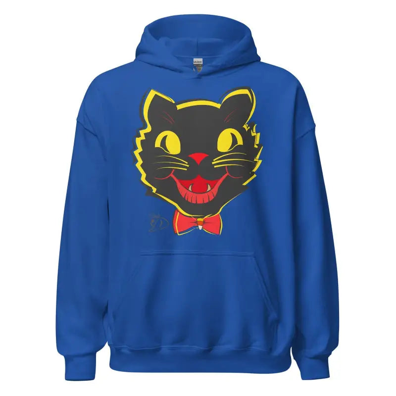 Royal blue vintage cat unisex hoodie with black cat face and yellow eyes design