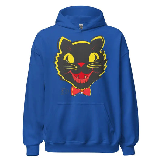 Royal blue vintage cat unisex hoodie with black cat face design and red bowtie