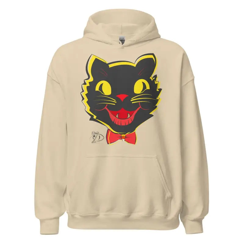 Beige vintage cat unisex hoodie featuring a black cat face with yellow eyes and red bow tie