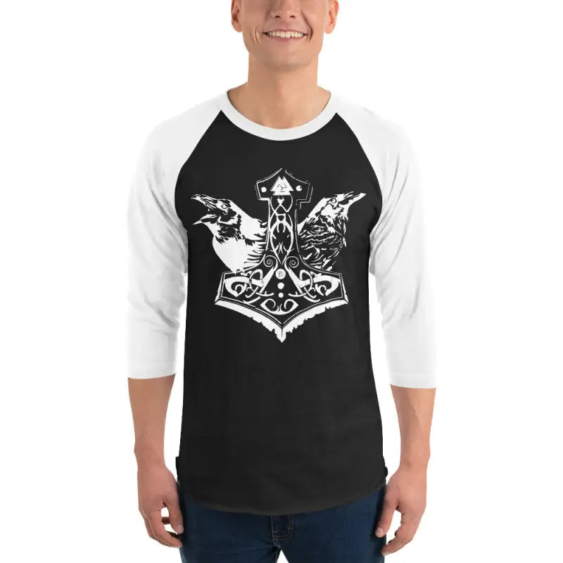 Black and white raglan t-shirt featuring a Raven Sigil and White Mjölnir design