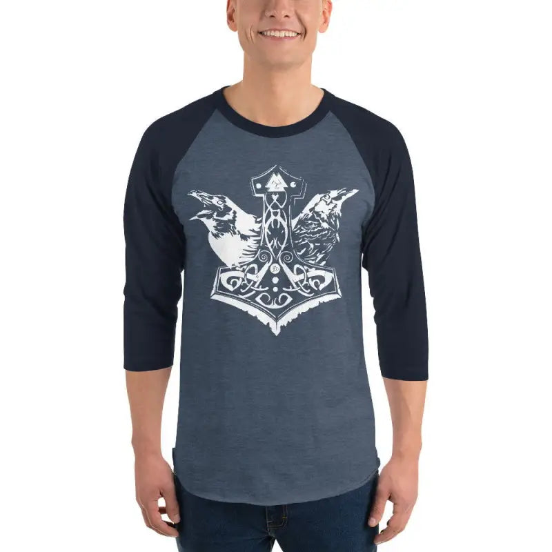 Baseball-style raglan tee featuring a white Mjölnir and raven sigil on slate blue