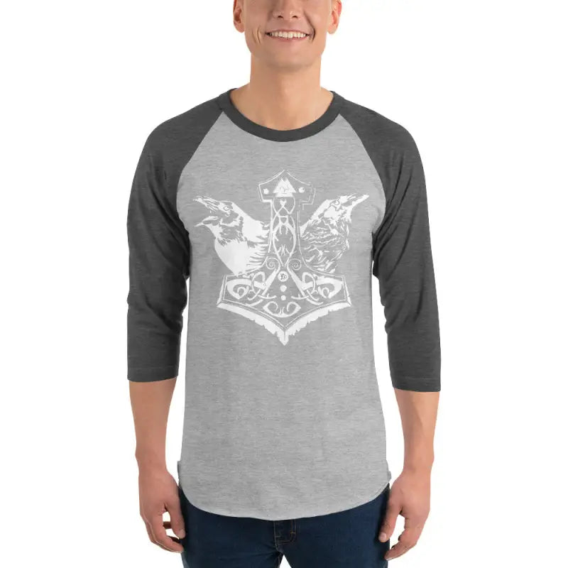 Gray and charcoal raglan baseball t-shirt featuring white Mjölnir and raven sigil design