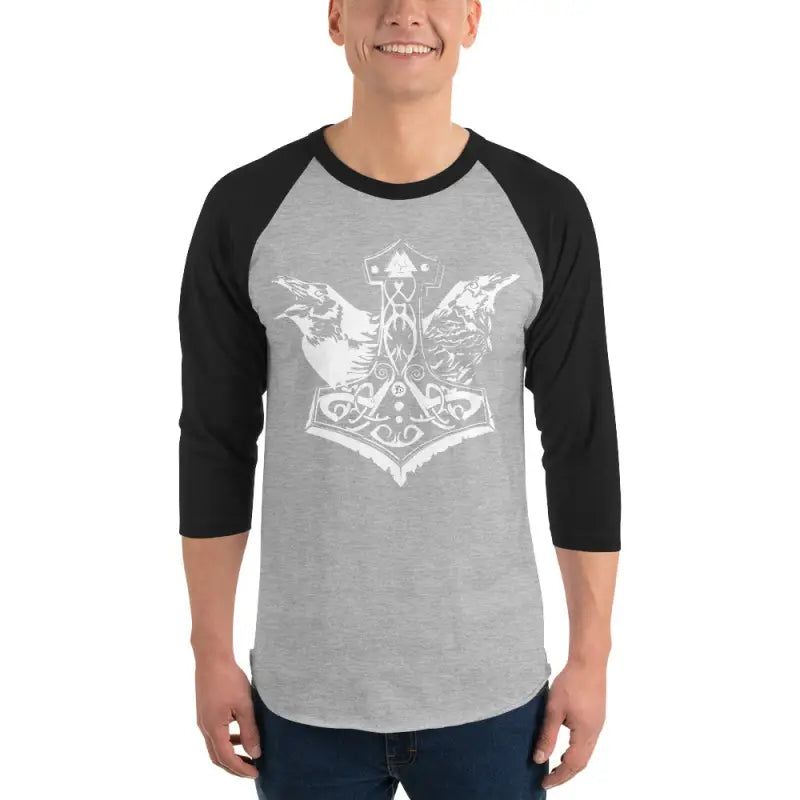 Gray and black raglan baseball t-shirt featuring white Mjölnir and raven sigil design