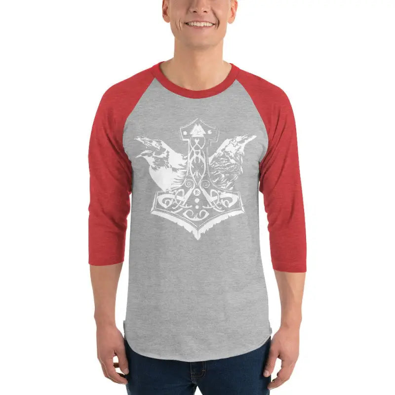 Baseball-style raglan t-shirt featuring White Mjölnir and Raven Sigil design on gray