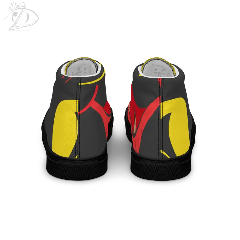 Black high-top sneakers with yellow and red accents, featuring Vintage Black Cat design