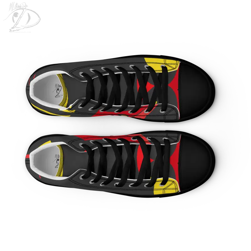 Black sneakers with red and yellow accents in Vintage Black Cat High-Top design