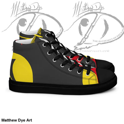 Black high-top sneaker with yellow and red geometric design, Vintage Black Cat style